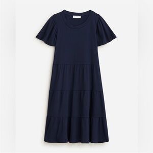 J. Crew Knit Broken-In Jersey Tiered Mini Dress Flutter Sleeve Navy Blue Size M
